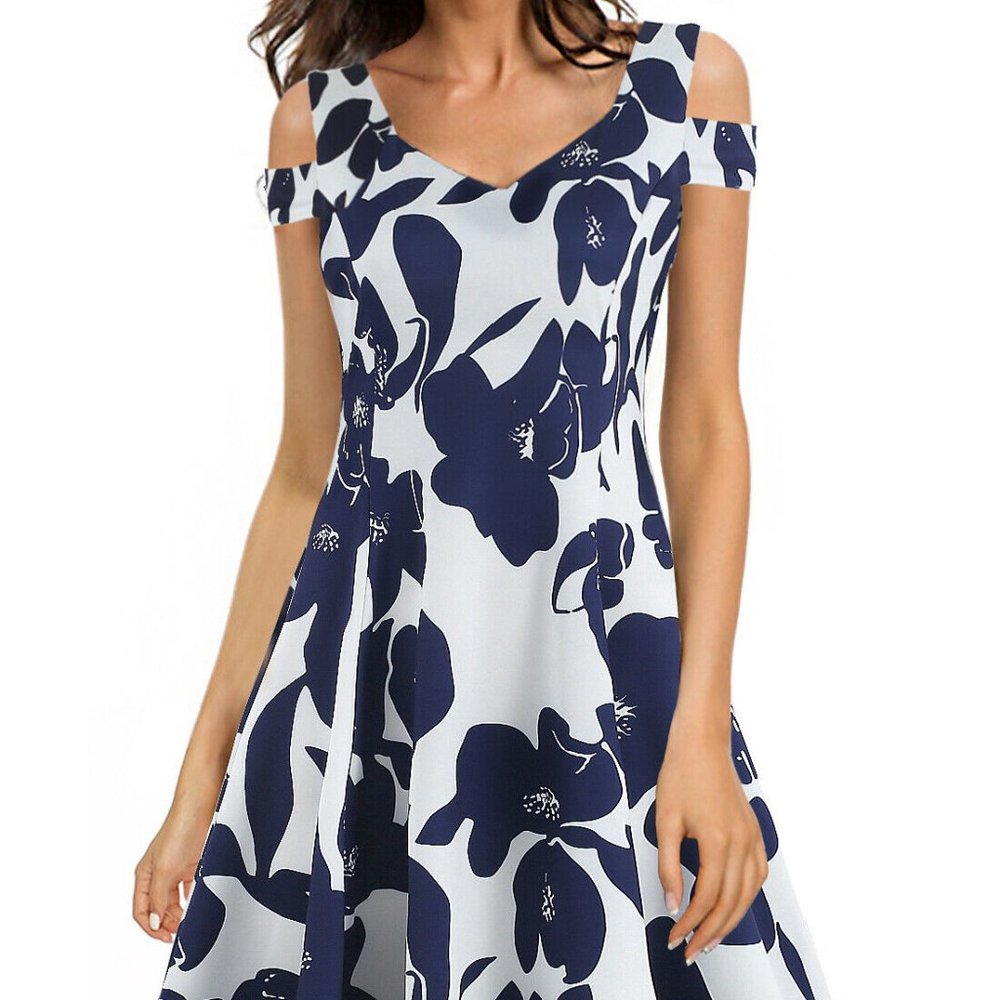 NWT HELYO NAVY/WHITE COLD SHOULDER A-LINE DRESS‎ SMALL
